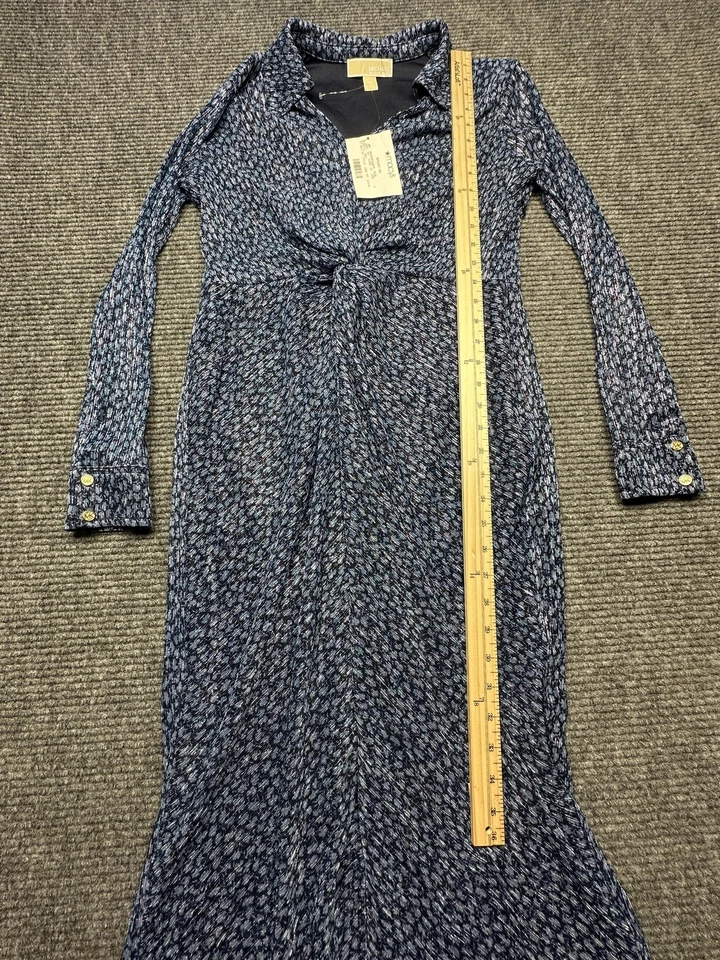 Vestido Michael Kors Feminino Grande Azul Metálico Manga Longa Gola Gola Nó Gravata Maxi - Imagem 3 de 4