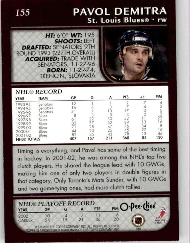 2002-03 O-Pee-Chee Pavol Demitra #155 - Image 2 of 2