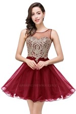 Short Tulle Dress with Gold Applique for Homecoming Prom Birthday Dama Burgundy
