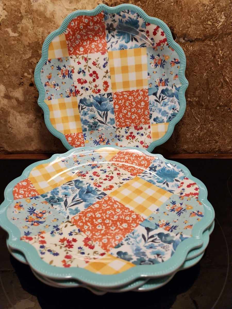 Pioneer Woman Patchwork Medley Melamine Dinner Plates Scalloped Teal Set of 4