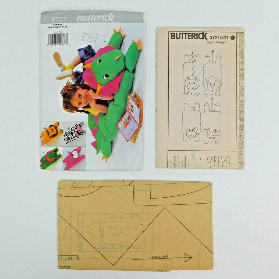Butterick 3721 Craft Animal Pillow Cover Sewing Pattern Dinosaur Lion Cow Bear - Image 2 of 4