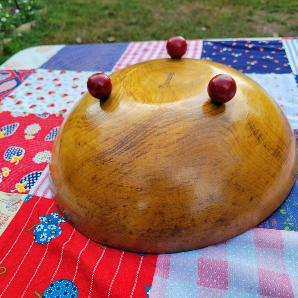 Old Munising Wood Bread Bowl 13" Dough Bowl Red Ball Feet Out of Round