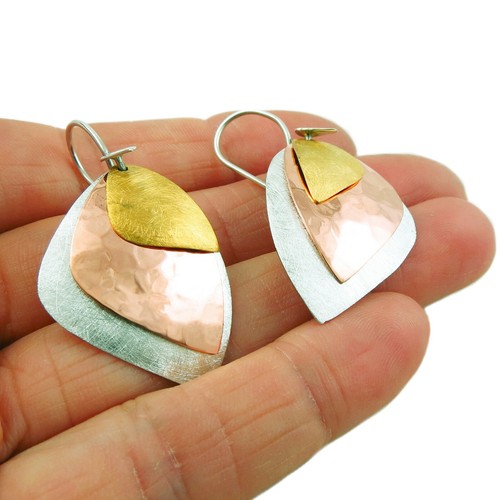 Long Handmade Solid 925 Silver and Copper Mixed Metal Dangle Earrings - Picture 2 of 5