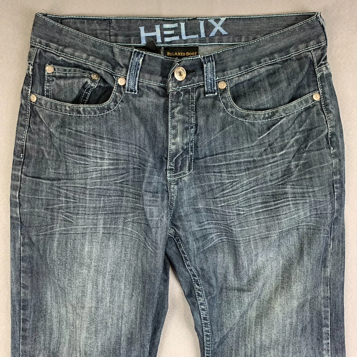 Helix Mens Pants 32 Blue Jeans Relaxed Boot Embroidered Bootcut