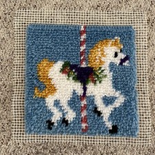 Vintage Latch Hook Rug Merry-Go-Round Horse Completed Wall Hanging 12x12  