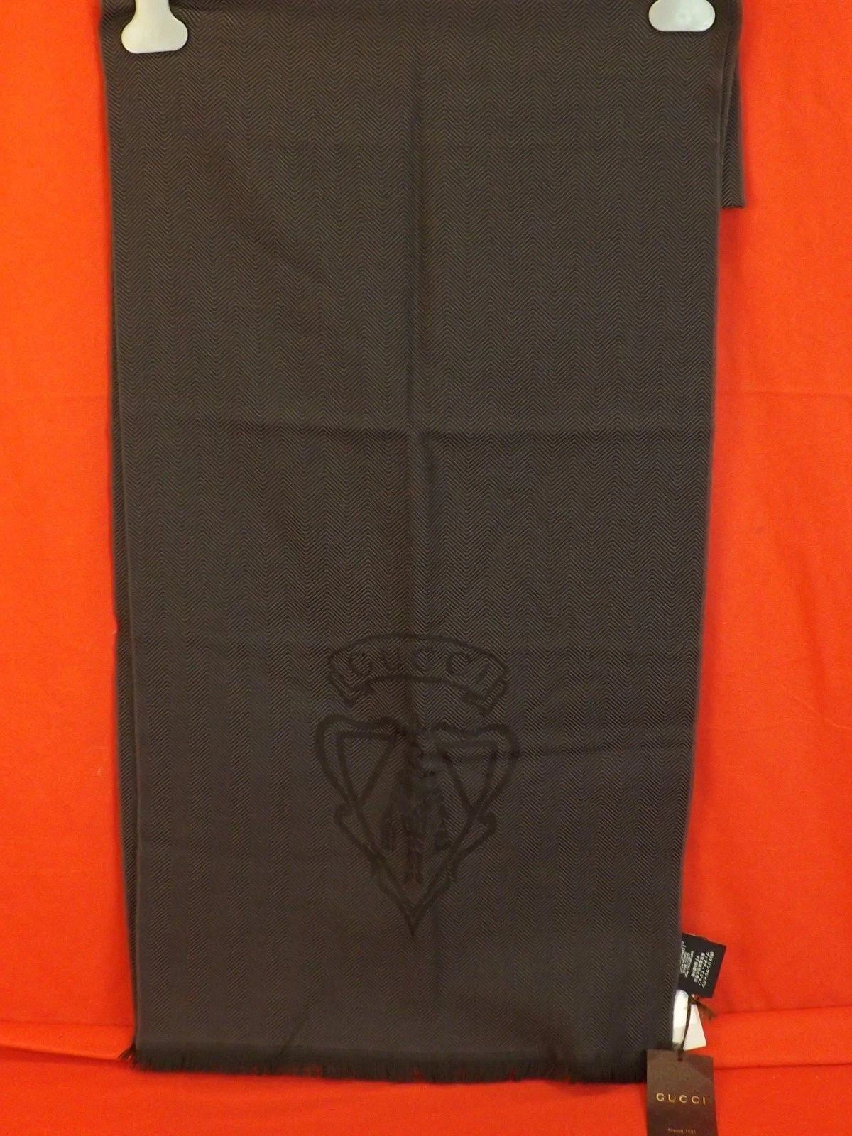 ÉCHARPE EN LAINE IMPRIMÉE GUCCI LODEN MARRON FONCÉ HYSTERIA 344993 ENVELOPPE 40 X 180 NEUF AVEC ÉTIQUETTES