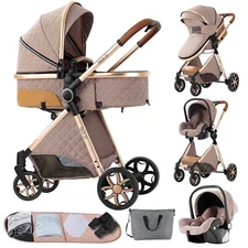 Super 3 in 1 Convertible Baby Stroller Bassinet Mode Hand-held baskets Khaki