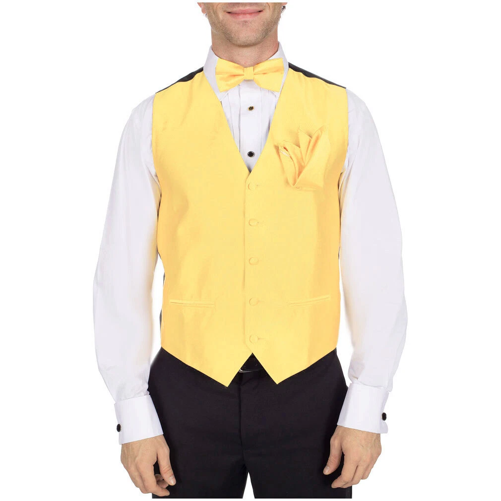 Men's Solid Yellow Satin Tuxedo Vest Bow Tie & Hanky Set for Formals Weddings