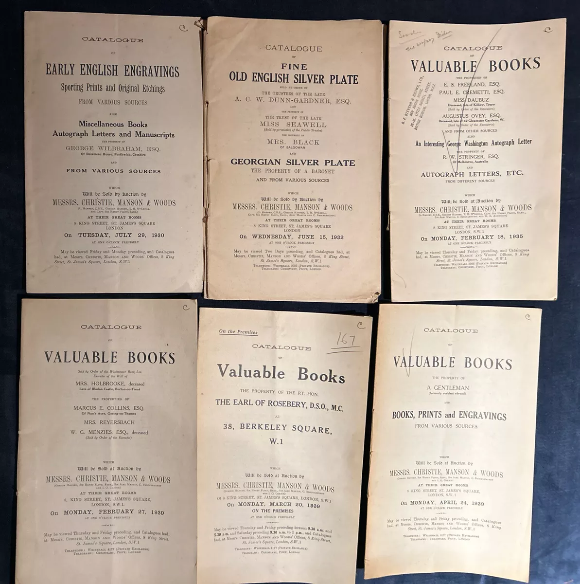 Antique Christie, Manson and Woods Auction Catalog- Lot of 6 from 1930-39