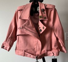 Cotton pink modern jacket, belted, full zip, collared, spring and summer,size m