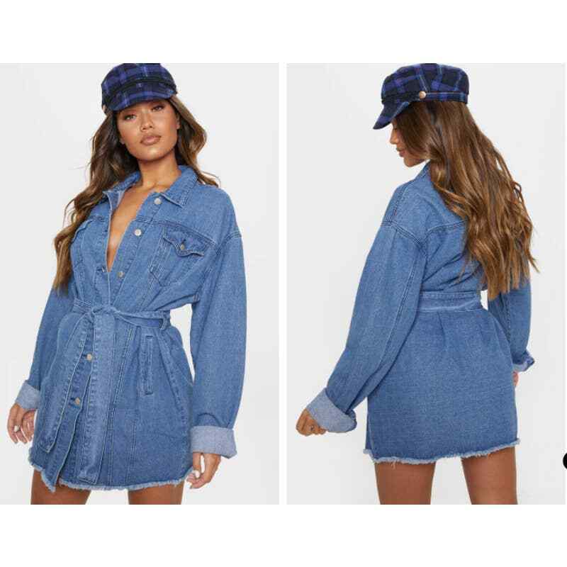 NEW Pretty Little Thing Mid Wash Tie Waist Denim Dress Size 2