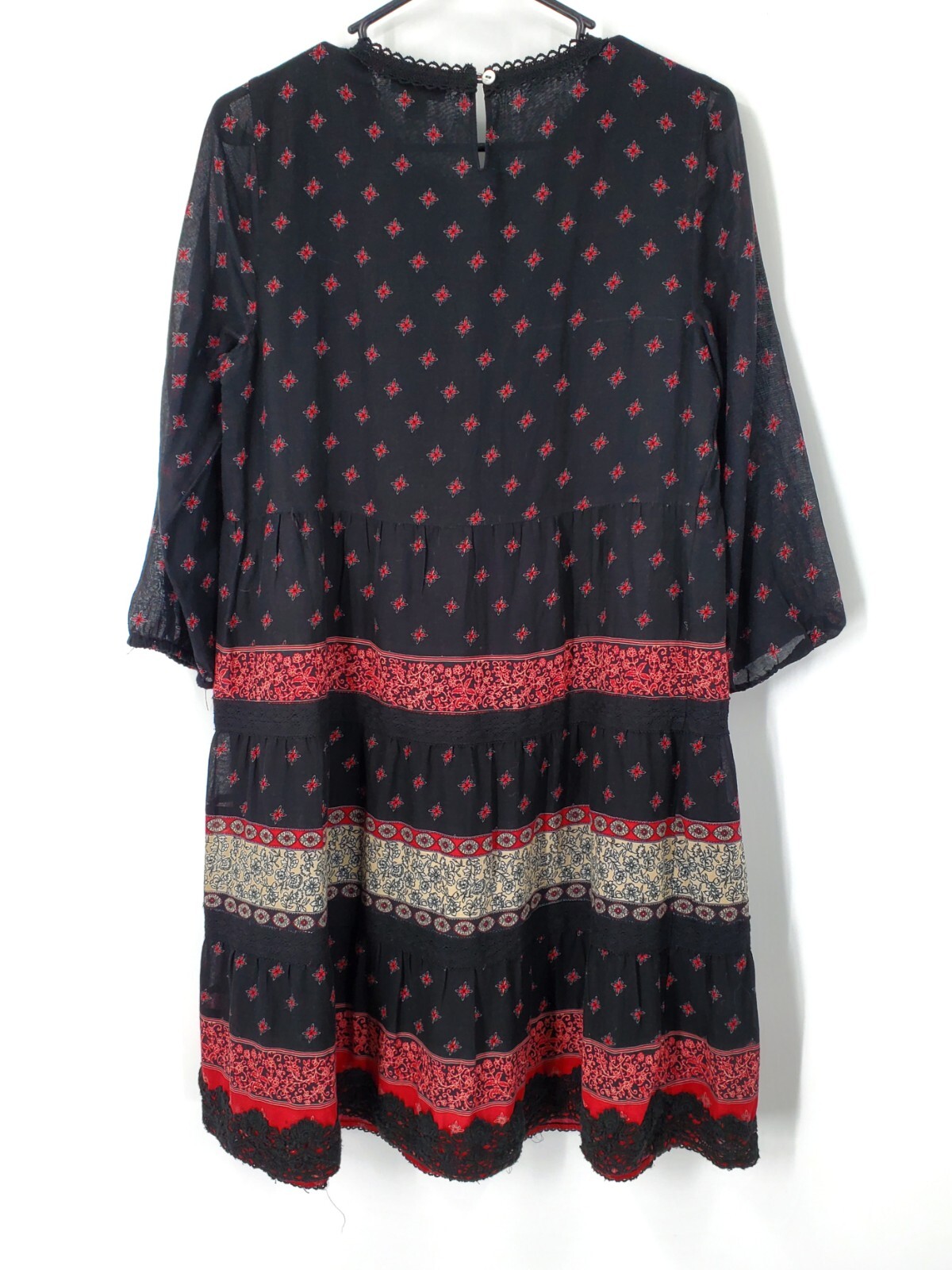 J.+Jill+Peasant+Dress+Size+S+Cherry+Black+32F4+Sleeve+Short+Hem+Lace+Trim+Boho for sale online