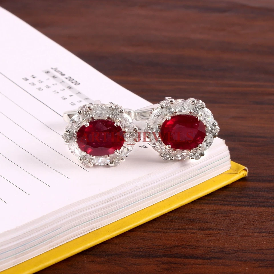 Heated Ruby Gemstone with 925 Sterling Silver Cufflink #4690 - Image 2 of 3