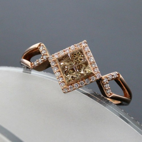 14K Rose Gold Designer NATURAL Cognac Champagne&White Diamond Halo Ring Size 4.5 - Picture 4 of 5