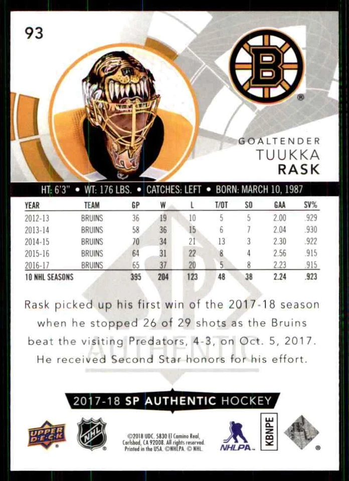 2017-18 Upper Deck SP Authentic Tuukka Rask #93 - Image 2 of 2