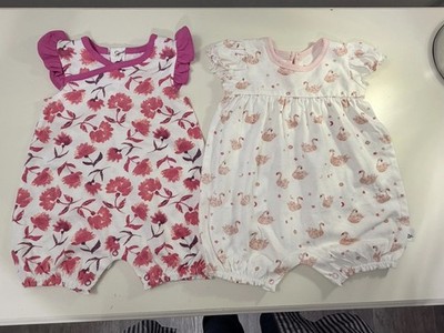 Burt's Bees Baby 0-3M Cotton Romper One-Piece Set Pink Floral & Elephant 2pc