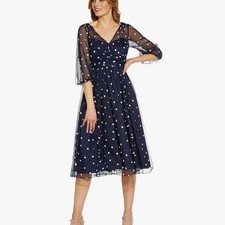 Adrianna Papell Navy Sheer Polka Dot Midi Dress
