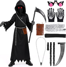 Grim Reaper Costume for Kids with Glowing Red Eyes and Scythe