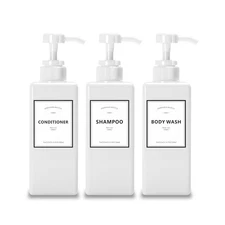 16.9oz Set of 3 White Shower Dispensers with Labels Refillable for Shampoo