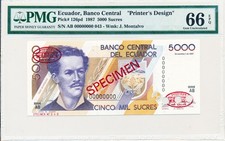 Banco Central Ecuador 5000 Sucres 1987 Specimen Printer s Design PMG  66EPQ