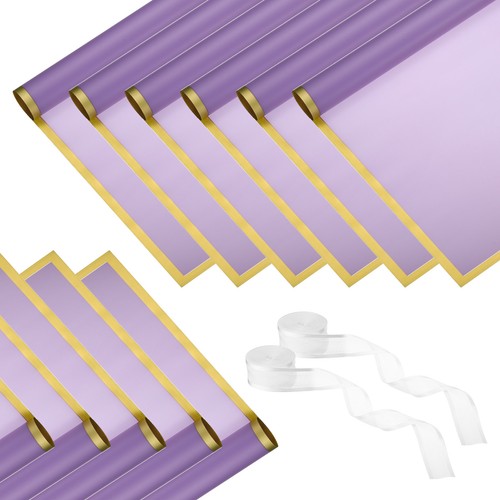 40Sheets Flower Bouquet Wrapping Paper Gold Edge 2 Rolls Ribbons Light Purple
