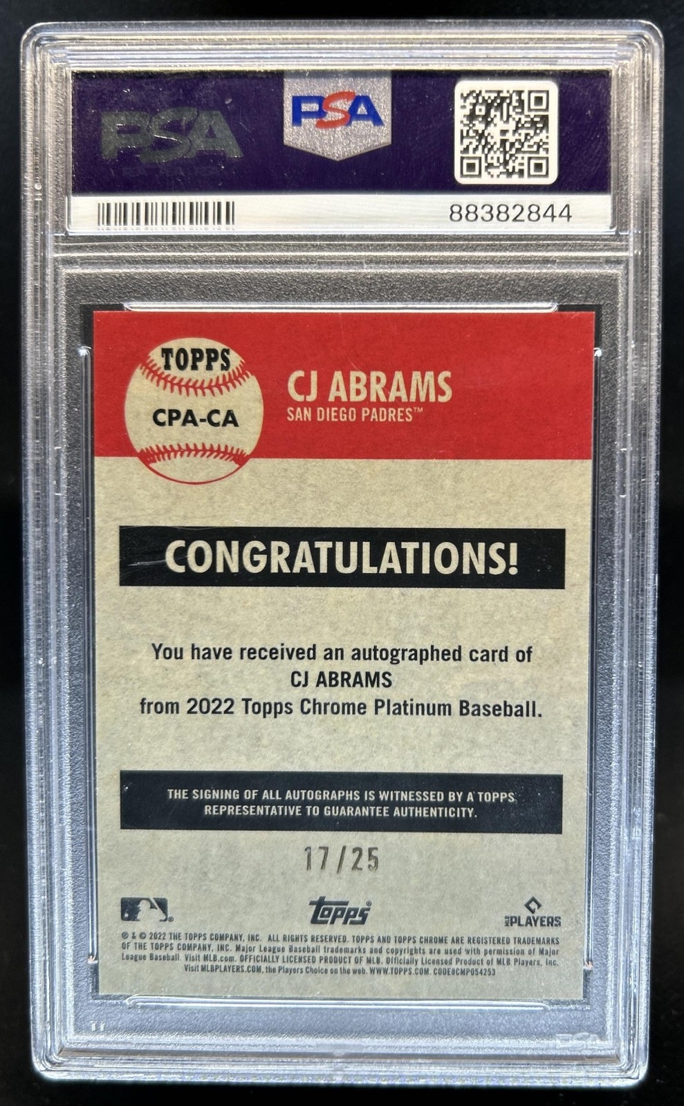 2022 Topps Chrome Platinum CJ Abrams Auto RC Orange Refractor #/25 Padres PSA 10 view 2