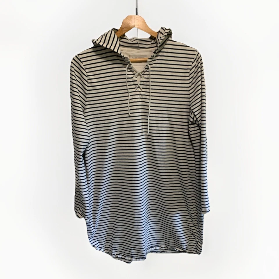 Vestido NAUTICA XL Manga Larga Cuello en V Azul Marino y Beige Rayas Playa Cubierta Capucha Foto 2 de 4