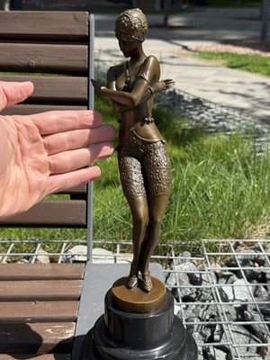 Bronze Sculpture Woman Dancer Statue Art Lady Coy Marble Decor Art Figurine Rare
