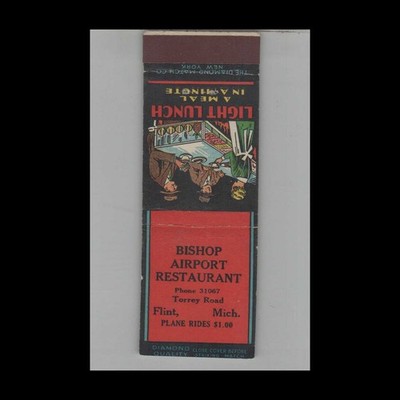 1930s Matchbook Cover Diamond Quality Bishop Airport Restaurant Flint Mi Sample
