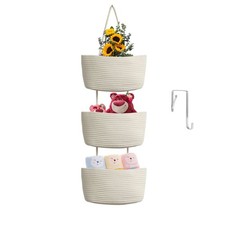 Over the Door Hanging Basket, 3-Tier Woven Cotton Wall-Mounted Storage Organi...