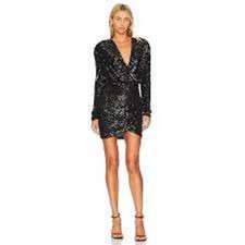 House of CB Black Gold Leopard Lace Long Sleeve Ruched Plunge Mini Dress S