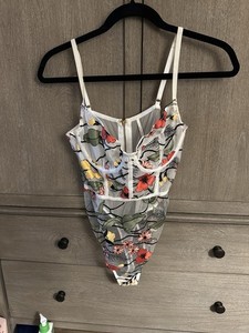 NWT SIZE LARGE Anthropologie Embroidered  Floral Mesh Bodysuit