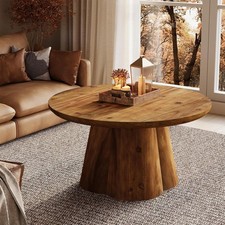Solid Wood Round Coffee Table 80CM Farmhouse Accent Center Table for Living Room
