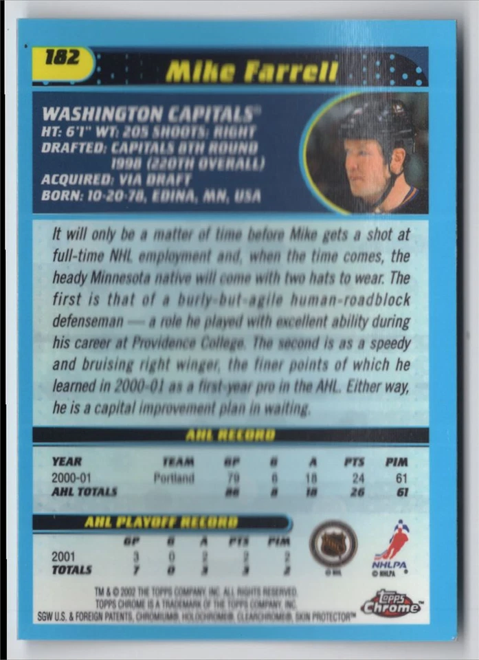 2001-02 Topps Chrome Mike Farrell Rookie Washington Capitals #182 - Image 2 of 2