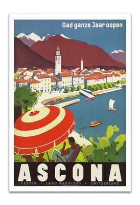 Ascona Switzerland Poster   Lago Maggiore Tessin Vintage Travel Art Print