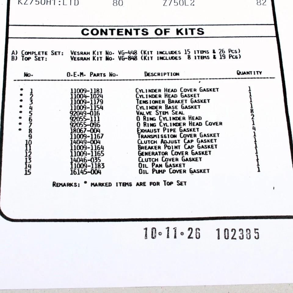 Engine gasket set complete for Kawasaki Z 750 E /H Ltd /L (KZ750E/KZ750H) 80-82 Foto 3 de 3