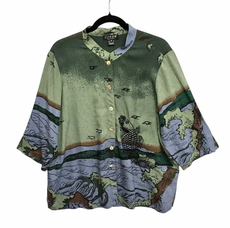 Top Citron Santa Monica 100% Seda Bordado Koi Paisaje Asiático Estampado Talla 1X Foto 2 de 4