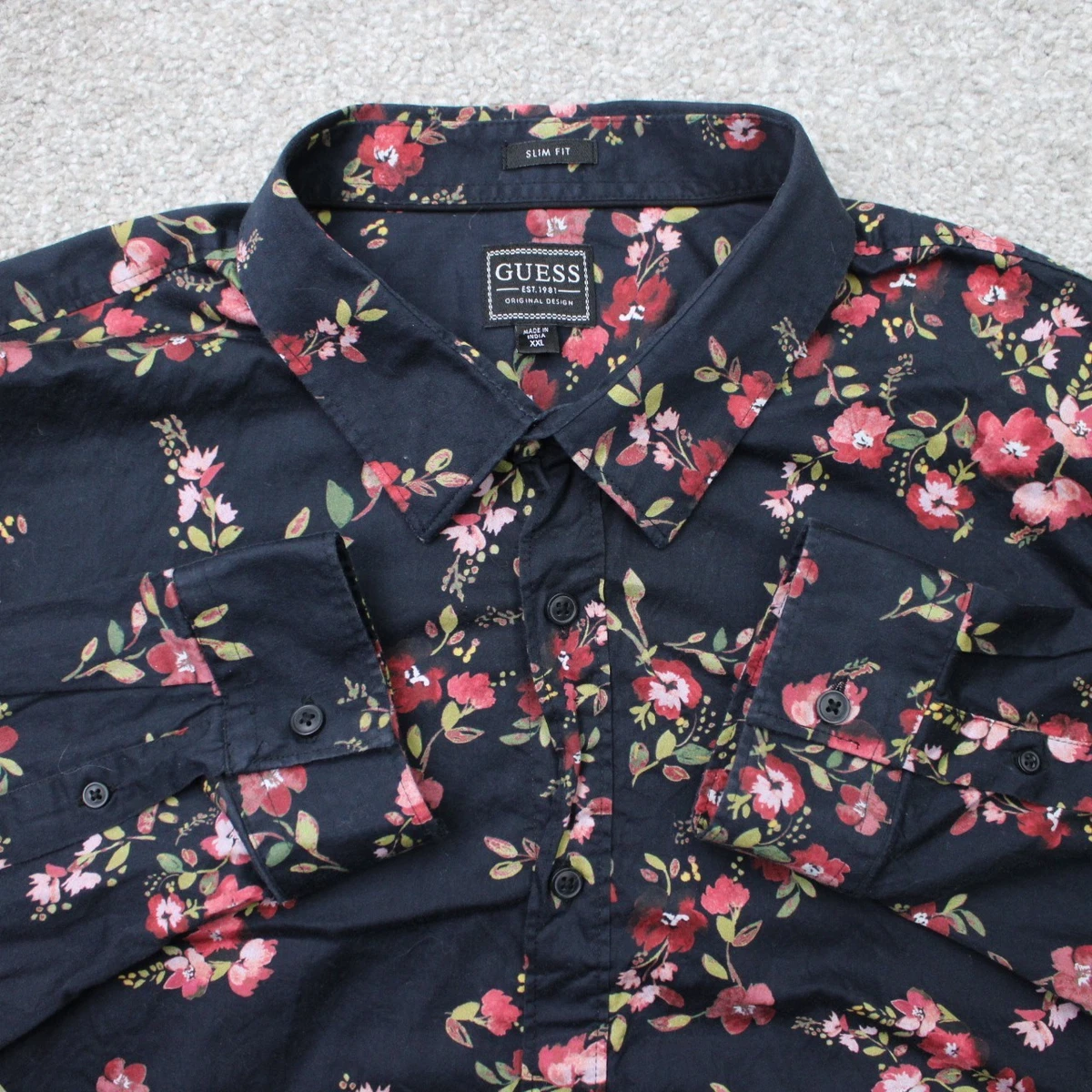 Camisa Guess Hombre 2XL XXL Negra/Roja Floral Lujo Pequeños Ramos Manga Larga Elastizada