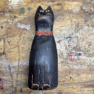 Vintage Folk Art Wooden Black Cat Primitive Style 10” Tall Rustic Country