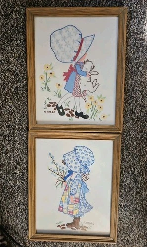 Vintage 1976 Pair HOLLY HOBBIE Framed Embroidered Picture Art 12.5X15.5