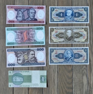 Cruzeiros Banknotes Banco Central Do Brazil Lot Of 7 Crisp 1940s-1980s