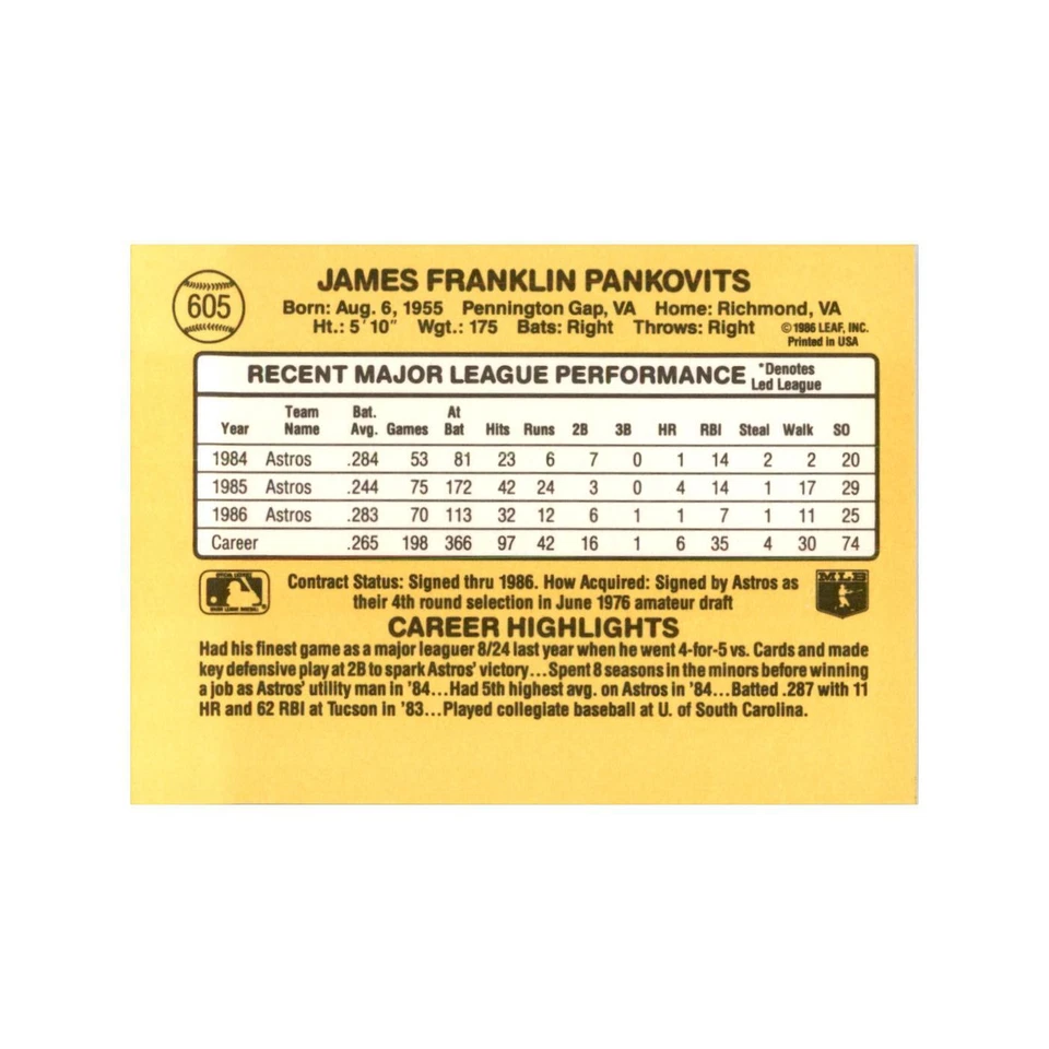 1987 Donruss Jim Pankovits Baseball Cards #605 - Image 2 of 3