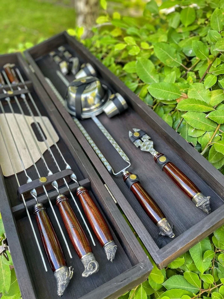 Forged handmade skewers set bronze decoration animal heads grill barbecue BBQ - Image 2 of 4