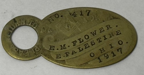 Antik Vintage 1917 Freimaurerei Messing Schlüsselanhänger Retourenanhänger Ostpalästina Ohio