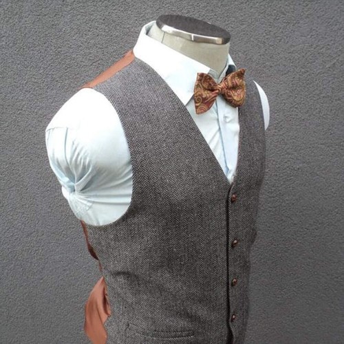 Herren Weste Beige Fischgräte Tweed Anzug Jackett Sakko Formel Hochzeit Business - Picture 7 of 16