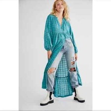 Free People Edie Plaid Silky Maxi Dress, Turquoise Green, Medium, RRP $168