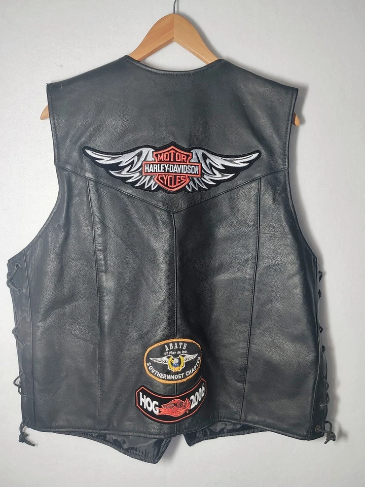 Unik Black Leather Biker Riding Vest Harley Davidson patches XXL Key West Outlaw - Image 4 of 4