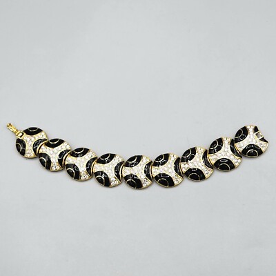 Nina Ricci Signed Black Enamel Crystal Pave Gold Plated Panel Bracelet 7.5''