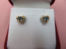 14k Solid Two Tone Gold Blue Topaz Diamond Heart Shape Earrings 1.86 Grams 153