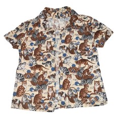 Blusa Gatos Divertidos Mediana 8/10 Marrón Beige Cuello Botón Manga Corta